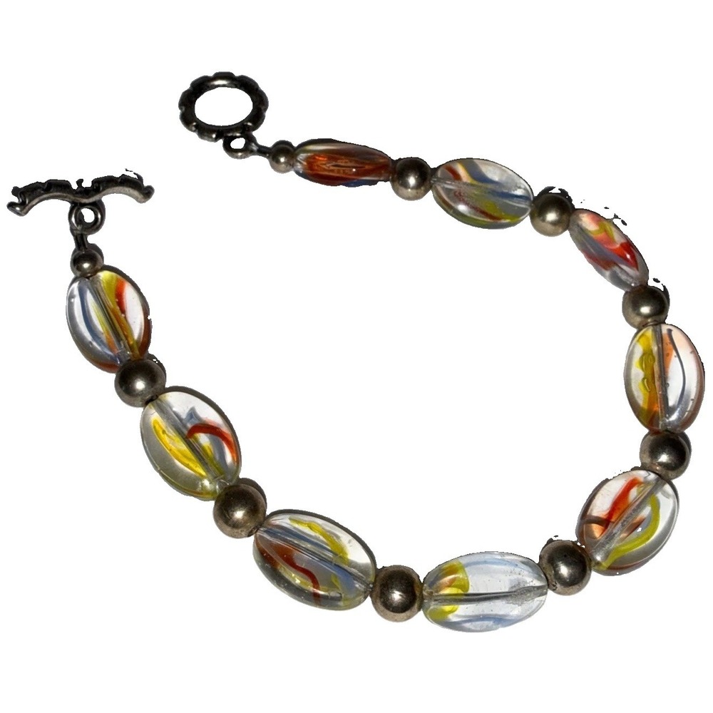 Vintage Artisan Rainbow Glass Ribbon Bead Bracelet with Crown Toggle Clasp